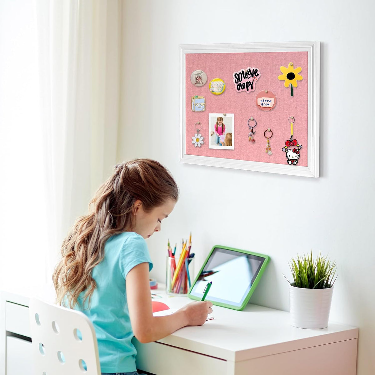 Large Wood Framed Cork Board with Linen, 24" x 18" (Pink)