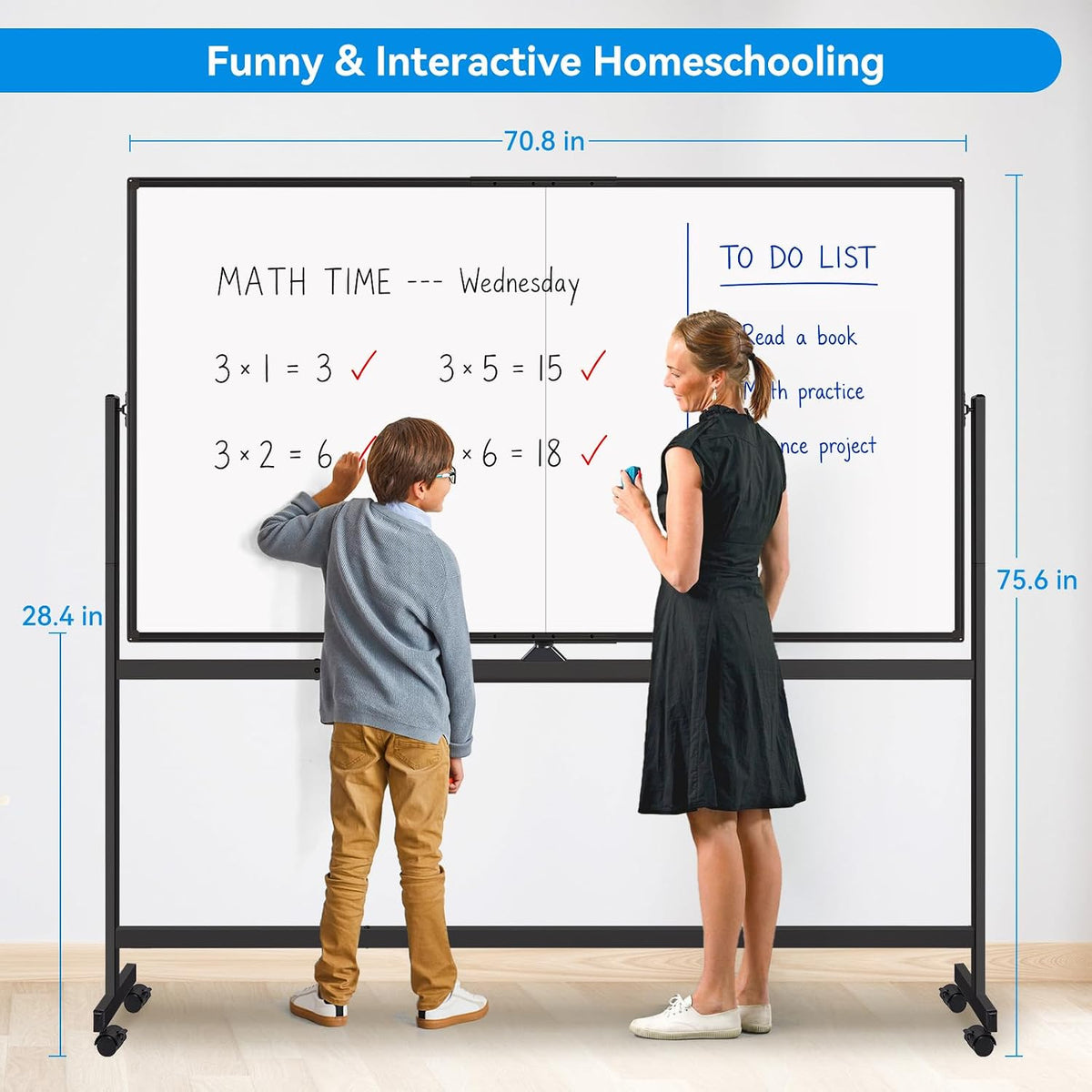 Maxtek Rolling Whiteboard 72x48 Large Double-Sided Magnetic Board(Black)