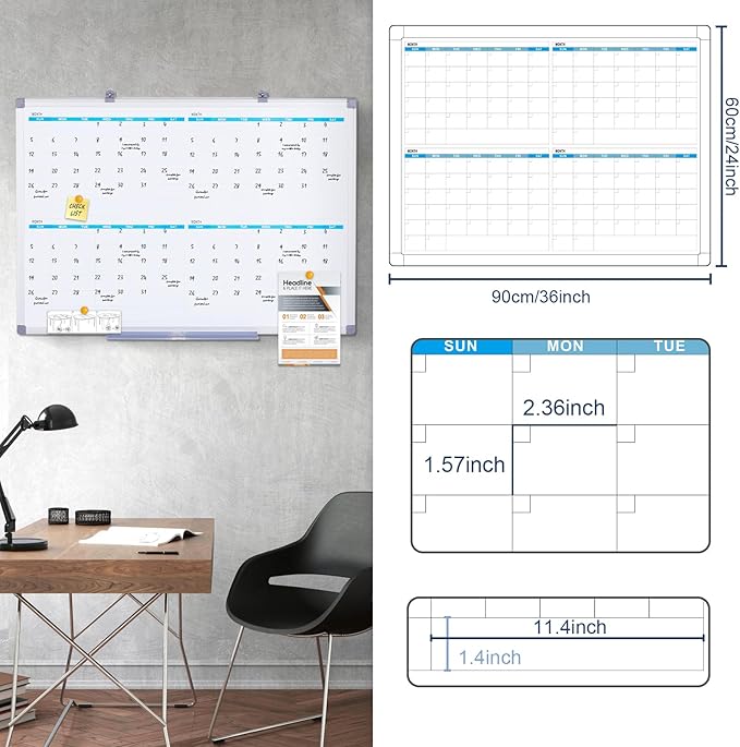 MAKELLO Large Magnetic Dry Erase Calendar Whiteboard Quarterly 36" x 24" - Image 2