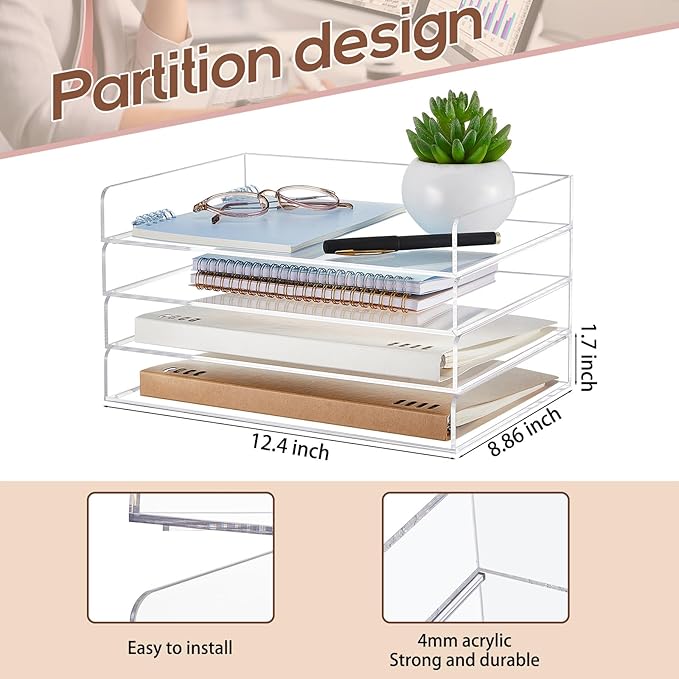 Harloon 4 Tier Acrylic Paper Tray 12.4 x 8.9 x 1.7 Inches Stackable Letter - Image 2
