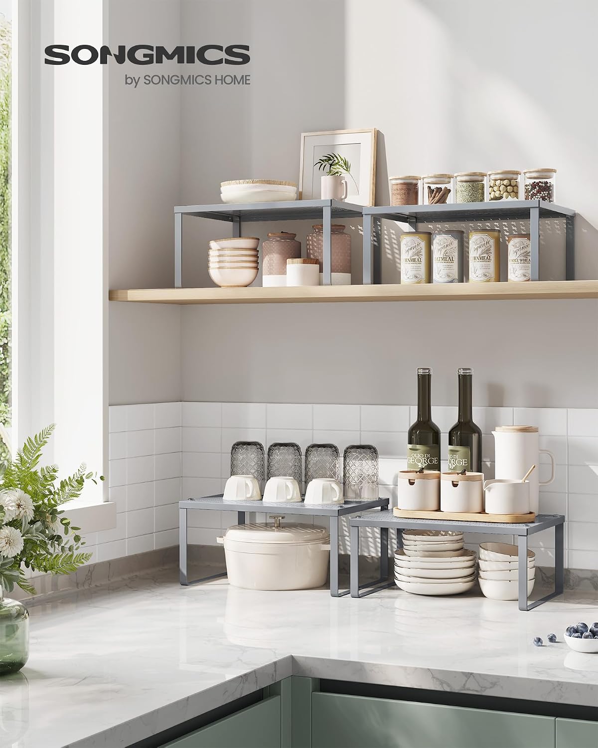 SONGMICS Set of 4 Metal Spice Racks, Stackable Expandable Shelf Risers