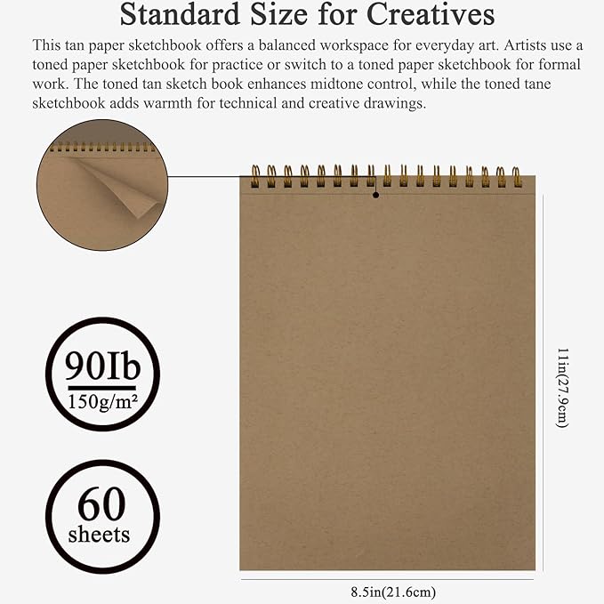 Fuxi Toned Tan Sketchbook 8.5x11, 60 Sheets Acid- Free Tan Paper, Spiral Bound - Image 2