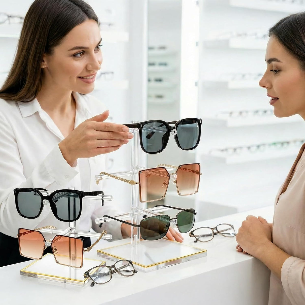 Acrylic Sunglasses Stand Set, 2 & 3-Tier Gold Glasses Holder
