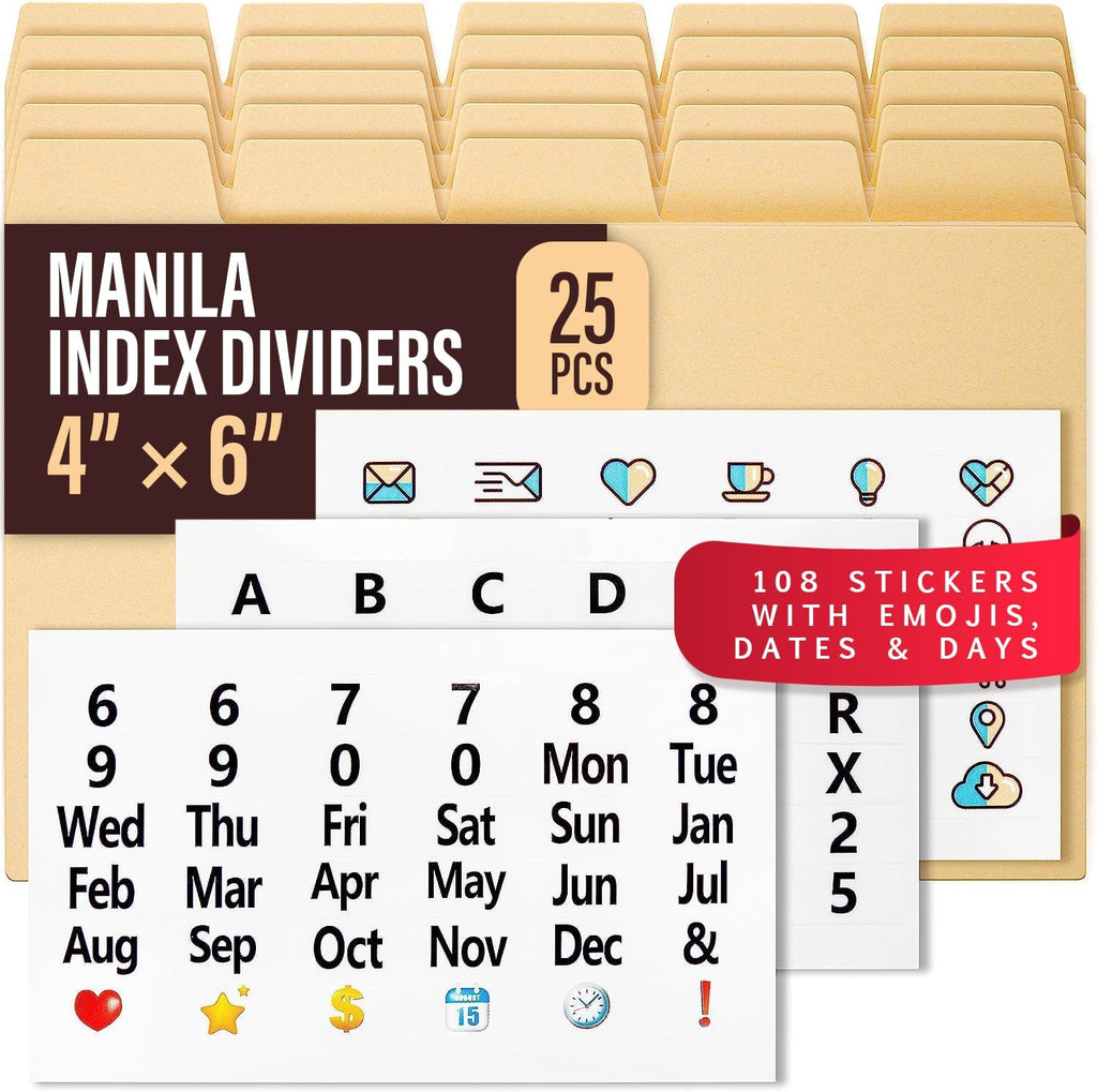 4x6 Index Card Dividers with Tabs, Recipe Card Box Organizer Dividers 4 x 6 | 25 Heavyweight 4x6 Dividers With Tabs and 108 Alphabet & Monthly Stickers for Photo Box, Recipe Box & Index Card Storage