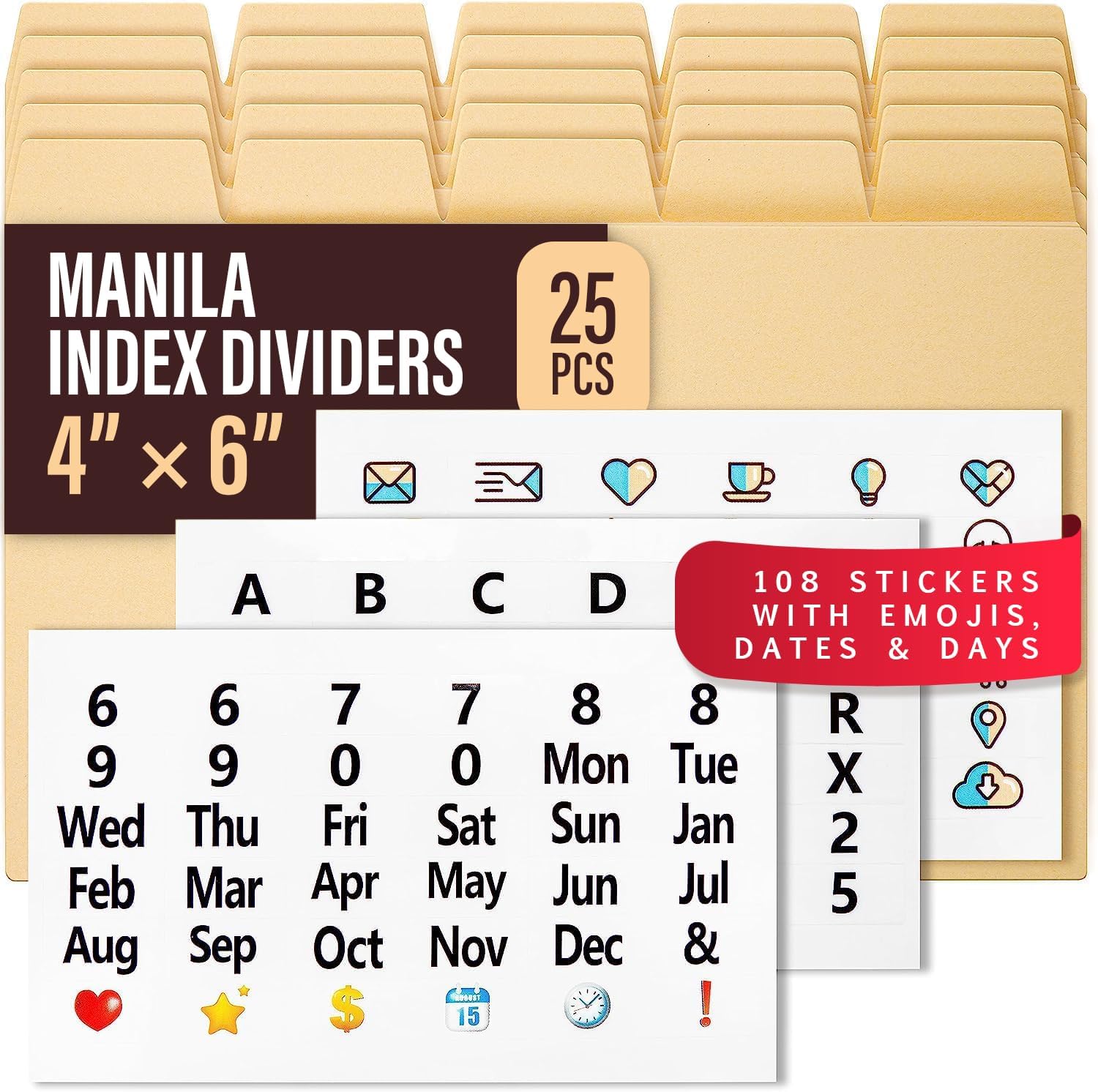 4x6 Index Card Dividers with Tabs, Recipe Card Box Organizer Dividers 4 x 6 | 25 Heavyweight 4x6 Dividers With Tabs and 108 Alphabet & Monthly Stickers for Photo Box, Recipe Box & Index Card Storage