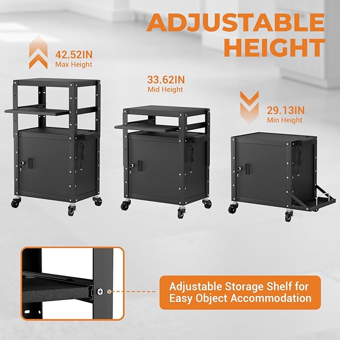 Mobile AV Cart with Cabinet, Rolling Computer Cart Height Adjustable Rolling - Image 6