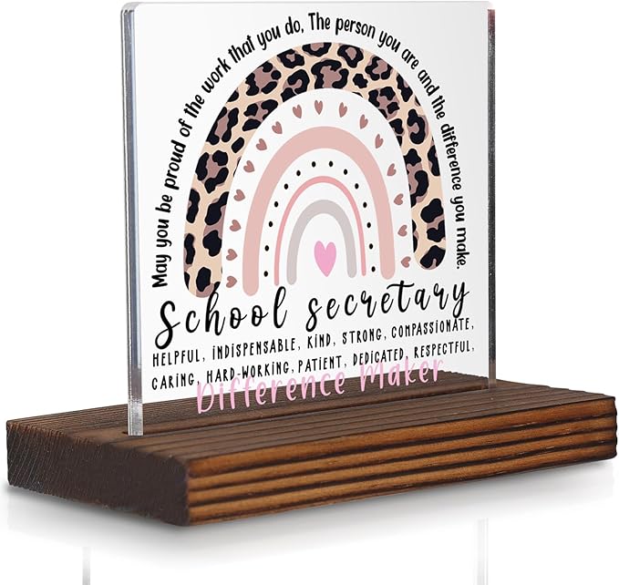 School Secretary Appreciation Gift Desk Sign, Leopard Rainbow Difference Maker by Pariveca