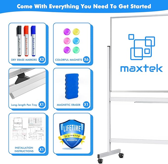 maxtek Rolling Whiteboard, Large Double Sided Standing Whiteboard - Image 7