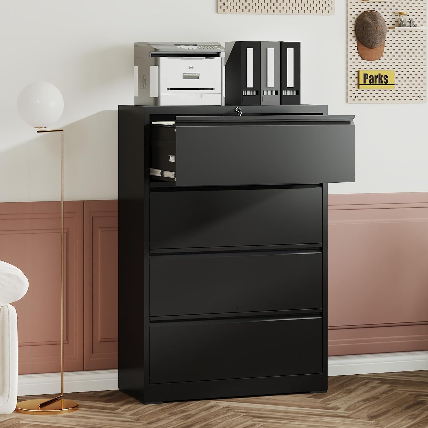 4-Drawer Office File Cabinet, Home Desk Organizer, Lateral File Cabinet with Lock – Heavy-Duty Metal, Filing Cabinet for Home Office, Wide Storage for Letter/Legal/A4/F4, Full-Extension Quiet Slides