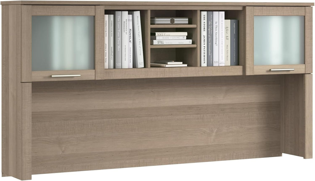 Bush Home 72-Inch Desk Hutch, Office Storage Organizer with Shelves, Cubbies and Frosted Glass Doors for Computer Desk, Home Office Furniture, Somerset Collection, Ash Gray
