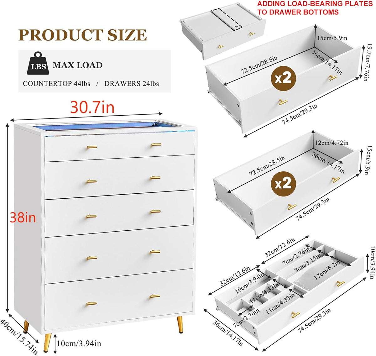 Drawer Dresser with Glass Top and LED Lights, White
