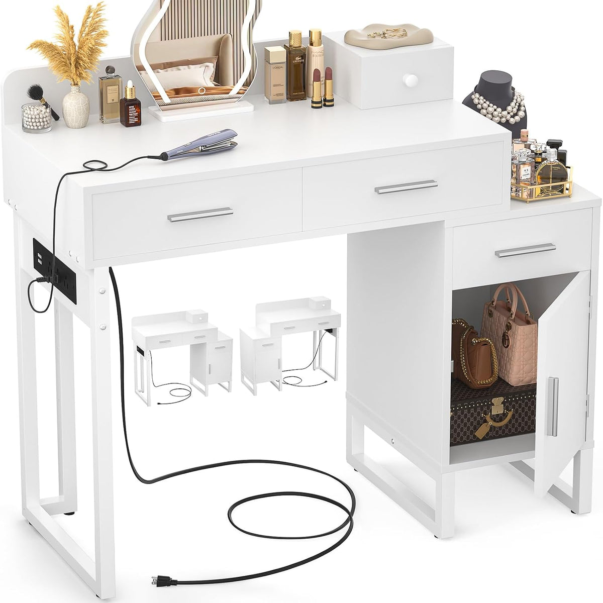 Vanity Desk with 4 Storage Drawers - Modern Makeup Vanity Table with Charging...