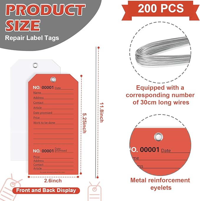 200 Pack Red Repair Tags with Wire Rope Service Repair Tags Numbered with Wire - Image 2