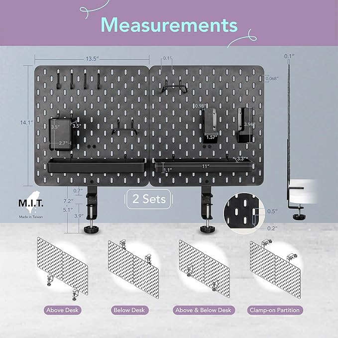 EHO Clamp-On Desk Pegboard, Desk Partition Panel, No-Drill Desk Mounted Peg - Image 2