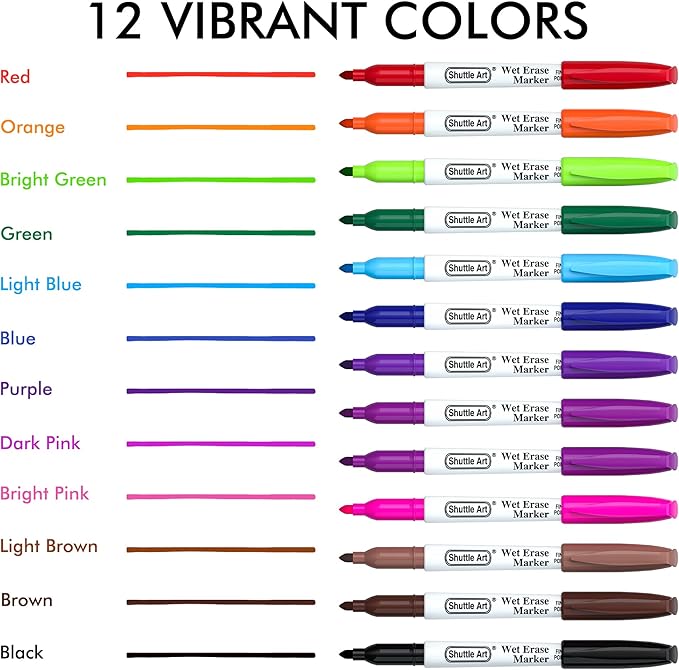 Shuttle Art Wet Erase Markers, 12 Colors 1mm Fine Tip Overhead Projectors - Image 3
