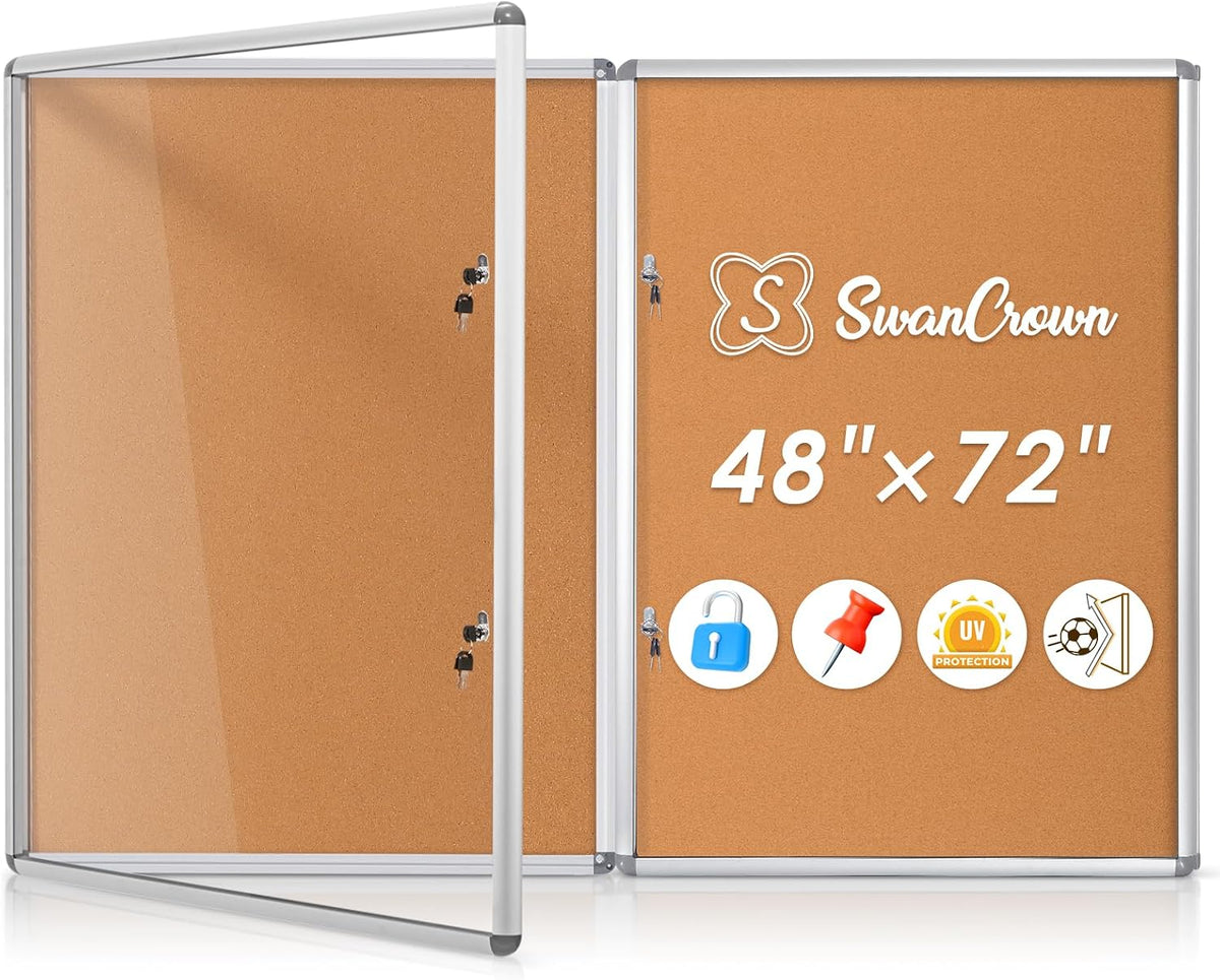 SWANCROWN 48x36 in Enclosed Bulletin Board, Locking Display Case, Pack of 2