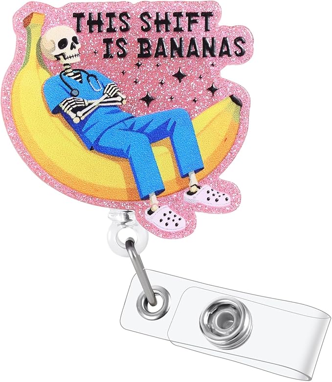This Shift is Bananas Funny Skeleton Nurse Badge Reel, Name Tag Badge Clip by LINAYOHA