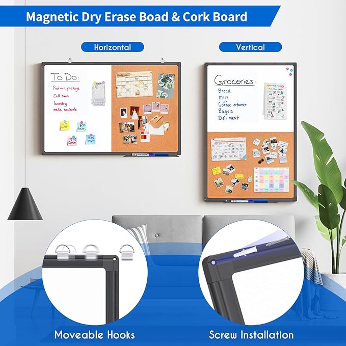 Magnetic White Board and Cork Board Combo, 36 X 24 inches Whiteboard Bulletin - Image 2