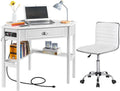 Yaheetech L-Shaped Corner White Desk and White Chair | USB ports, storage drawer and shelf, space-saving corner fit, modern style, sturdy frame, for home office or gaming.
