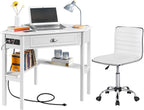 Yaheetech L-Shaped Corner White Desk and White Chair | USB ports, storage drawer and shelf, space-saving corner fit, modern style, sturdy frame, for home office or gaming.