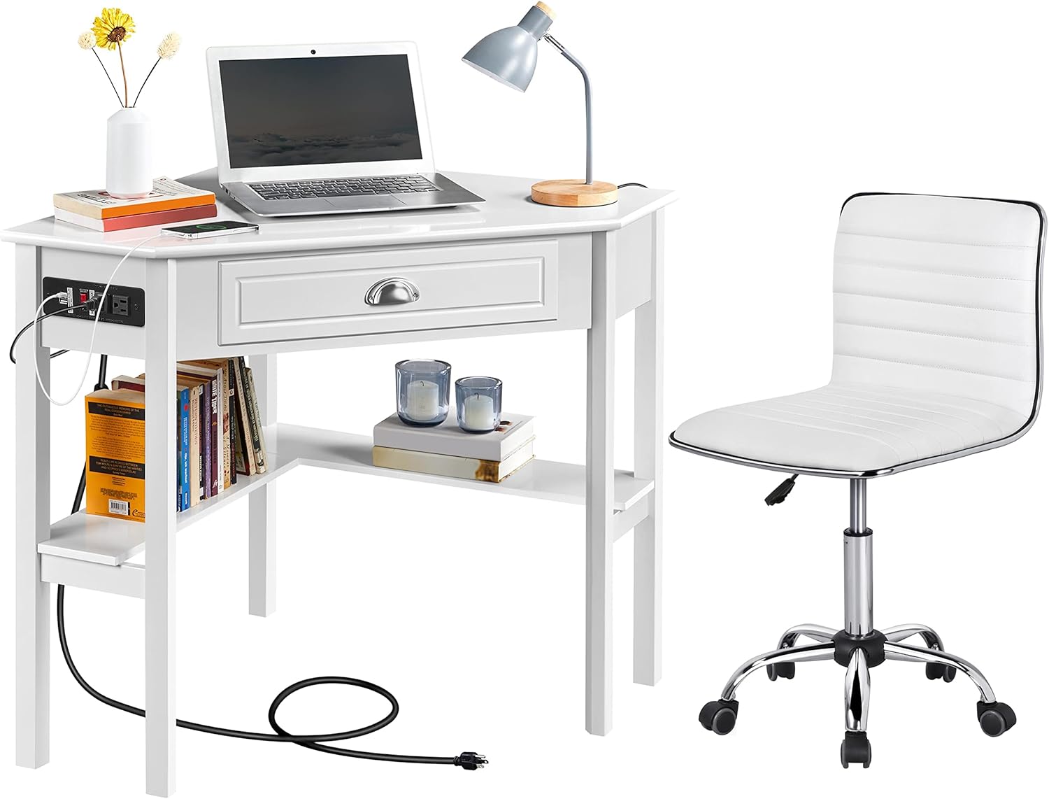 Yaheetech L-Shaped Corner White Desk and White Chair | USB ports, storage drawer and shelf, space-saving corner fit, modern style, sturdy frame, for home office or gaming.