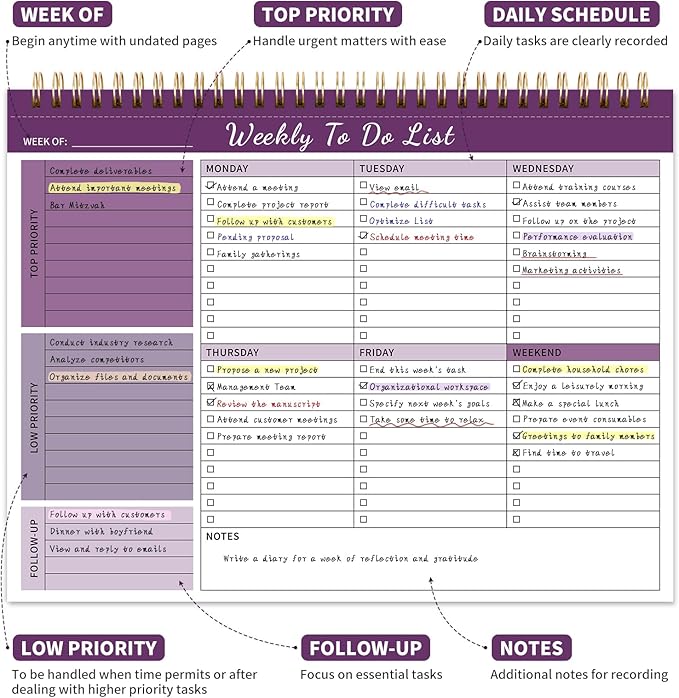 ALKALO Weekly To Do List Notepad, 52 Undated Sheets （8.5"×11") Duplex-Printed - Image 2