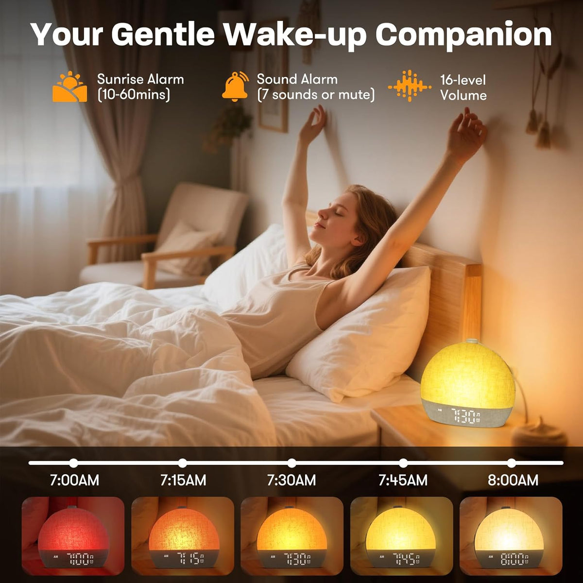 wake up light sunrise alarm clock, white noise, close-up detail