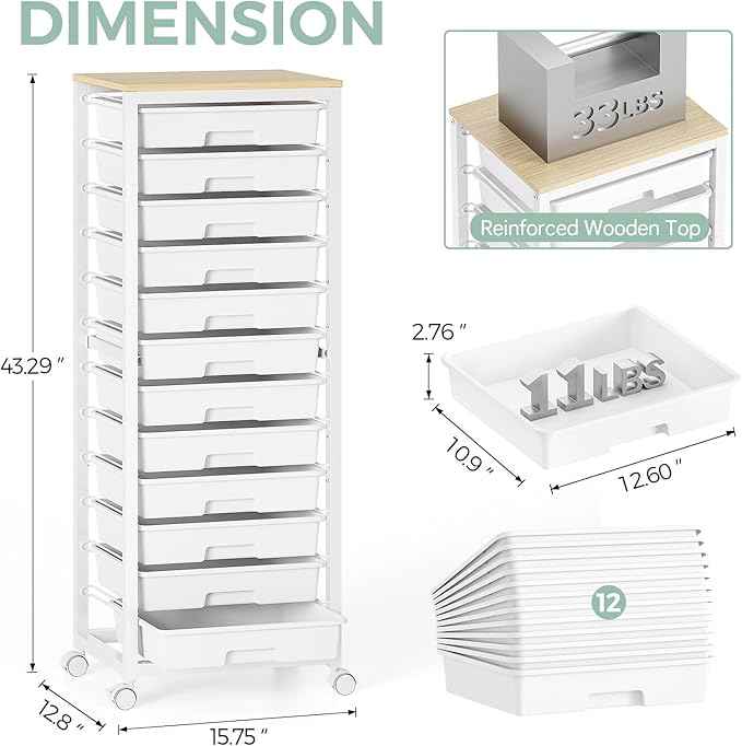SYKIARIOL Rolling Cart with Drawers, 12 Drawer Rolling Cart, Rolling storage - Image 2
