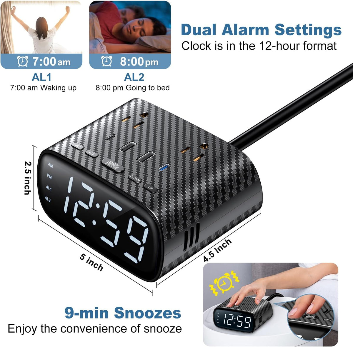 sussex alarm clock with 2 usb-c, 2 usb-a, side view