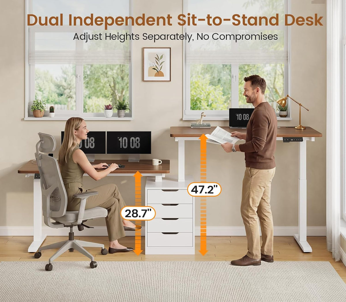 SEDETA Standing Two Person Desk with 4 Drawers, 2 Power Outlets, CPU Stand