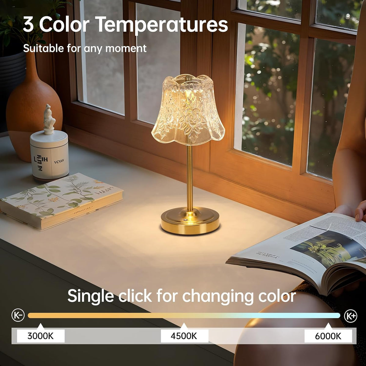 Shenmoyl Cordless Touch Table Lamp with 5200mAh Battery - 3 Adjustable Color ...
