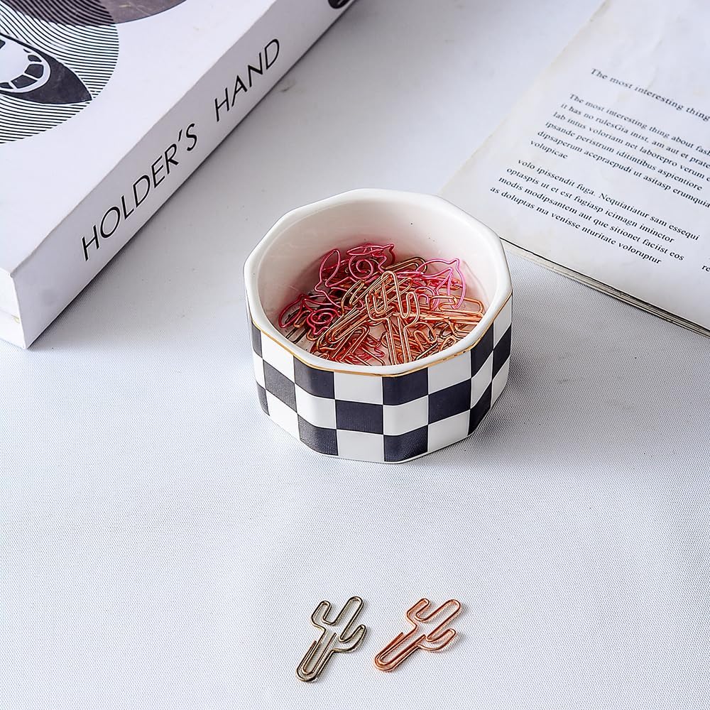 Paper Clip Holder Ceramic Checkered Paper Clip Dispenser for Desk Paper Clip Organizer Office Cute Desktop Decor Binder Clip Holder (Black-01)