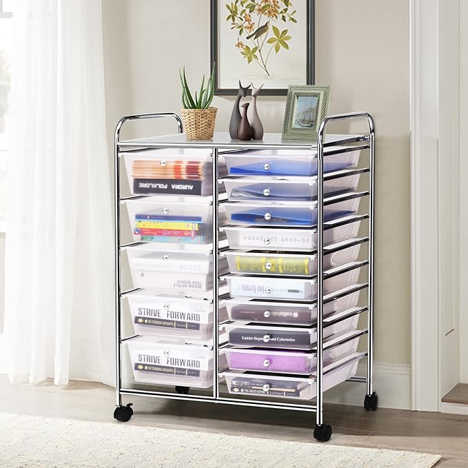COSTWAY 15 Drawer Rolling Storage Cart, Utility Tools Paper Organizer on Wheels - Image 8