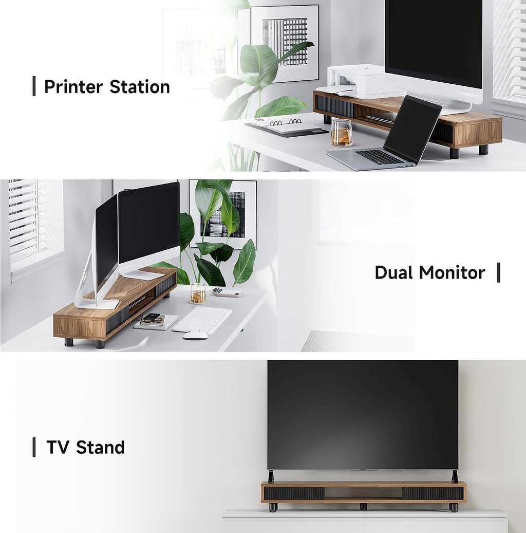 fenge dual monitor stand with storage, desk shelf, front angle view