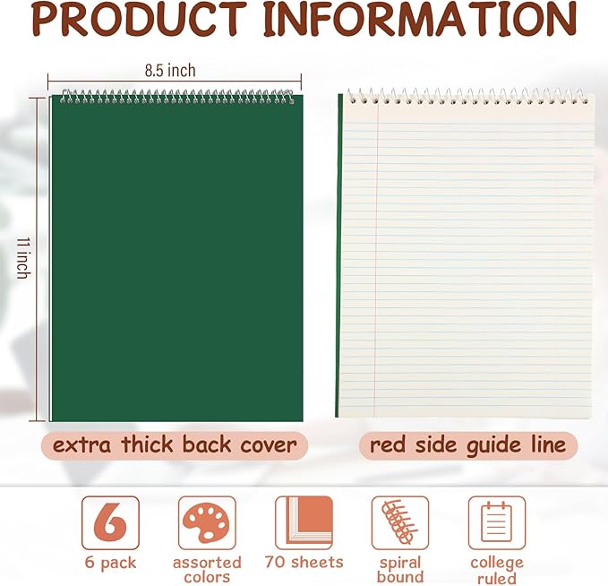 Maitys 6 Pcs Legal Pad Steno Spiral Notebook 8.5" x 11" Top Bound Spiral Pads - Image 2