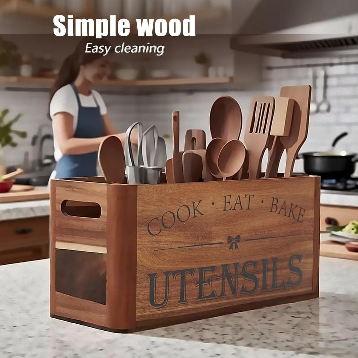Utensil Holder for Kitchen Countertop - Extra Large 4 Compartment Wooden Orga...