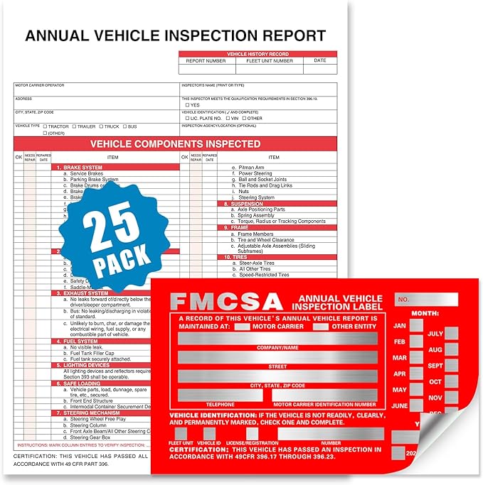 Annual Vehicle Inspection Report Form 25-pk 3-Ply Carbonless, 8.5" x 11.75" + by FITPEAK