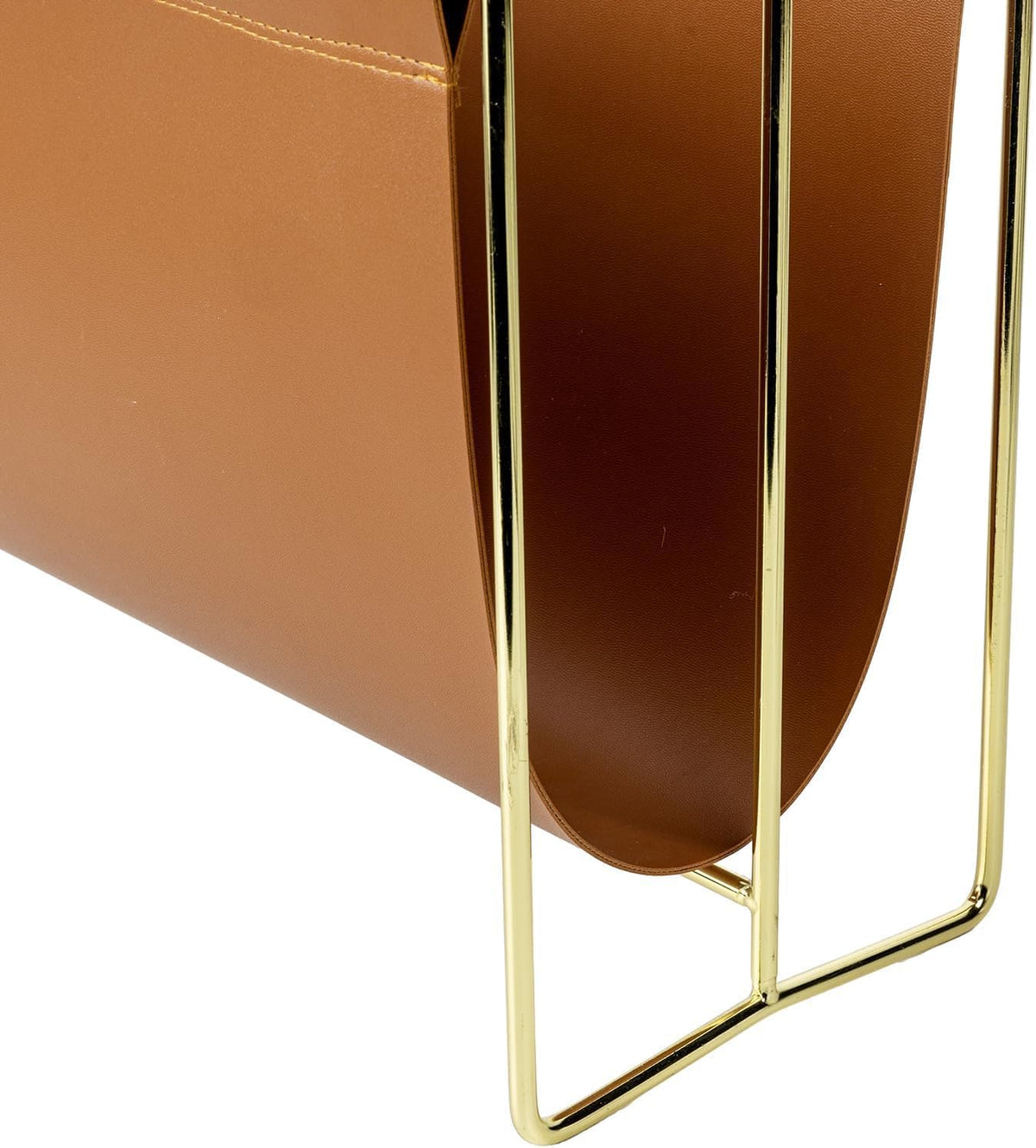 MyGift Caramel Leatherette Magazine Holder with Brass Metal Frame, 15 Inch