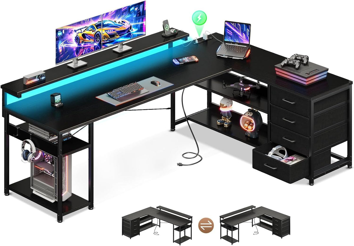 AODK 69" L Shaped Computer Desk with 4 Drawers, LED Lights, Black