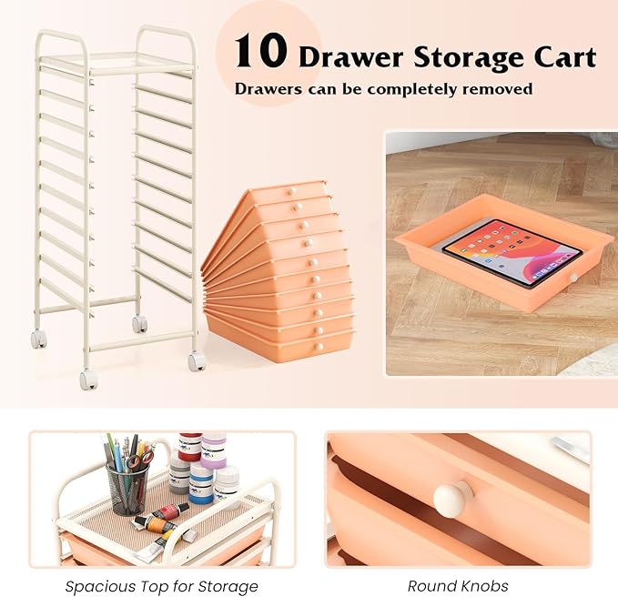Giantex 10-Drawer Storage Cart w/Universal Wheel, Rolling Cart w/Handle - Image 6