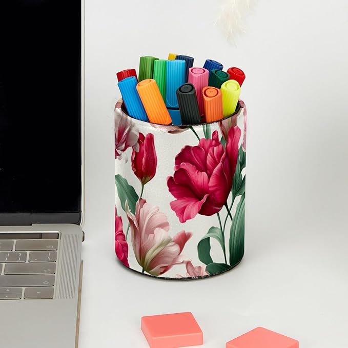 Leather Pen Holder for Desk Tulips Pattern Pencil Cup Desktop Organizer Makeup - Image 5