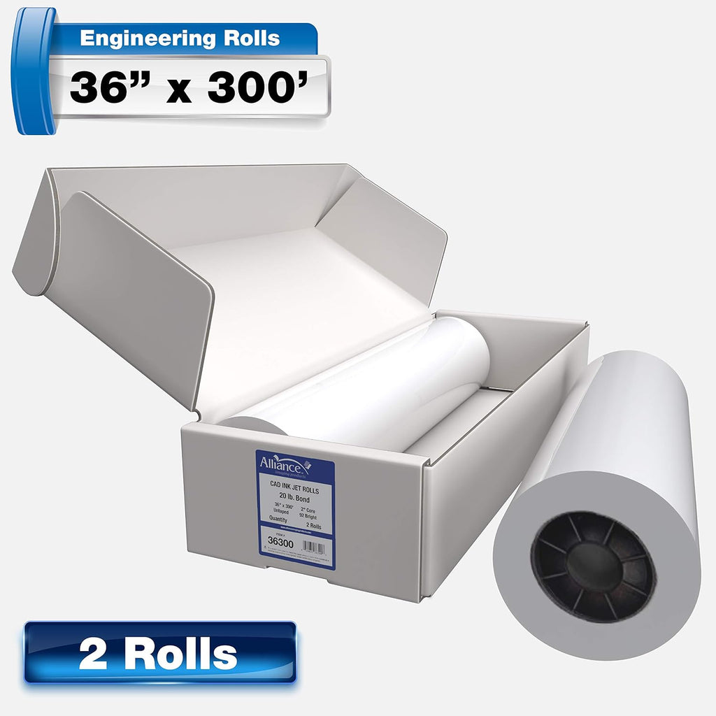 Alliance Wide Format Paper CAD Bond Rolls (20lb | 2 Rolls, 36 In x 300 Ft | 2" Core)