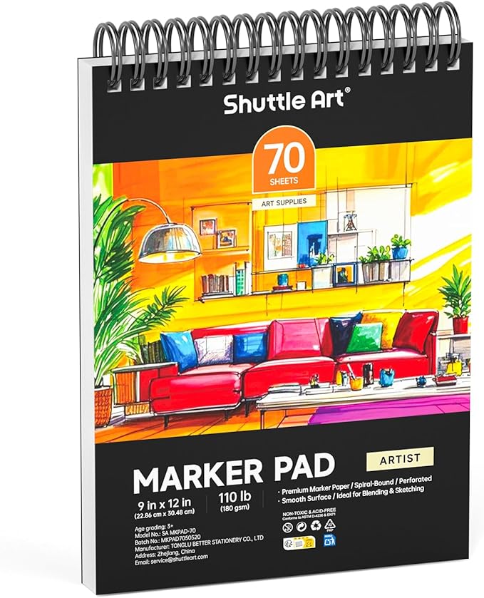 Shuttle Art Marker Pad, 12”x9” Portable Sketchbook, 70 Sheets Marker Drawing by ShuttleArt