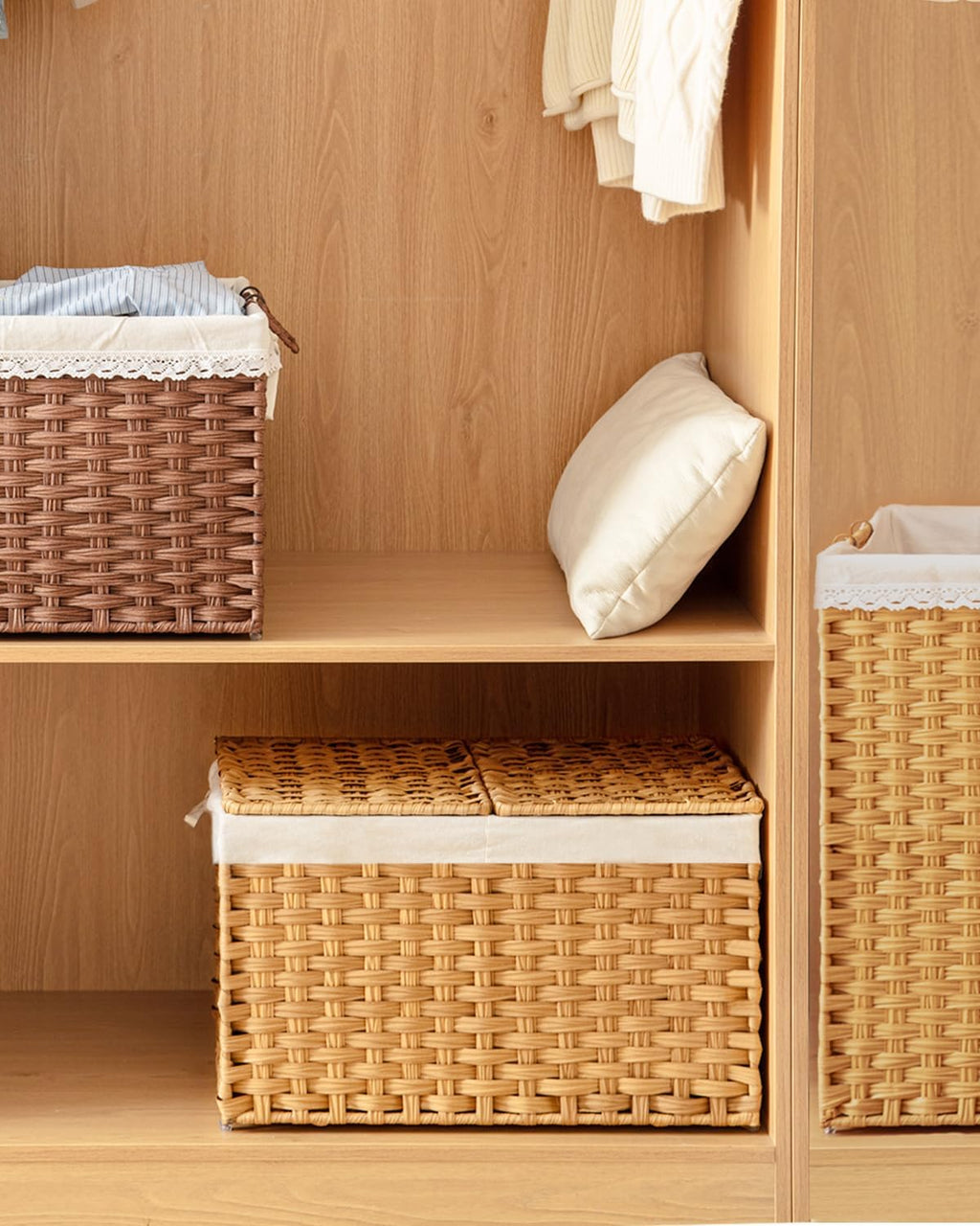 setvson storage basket with lid rattan woven storage, front angle view