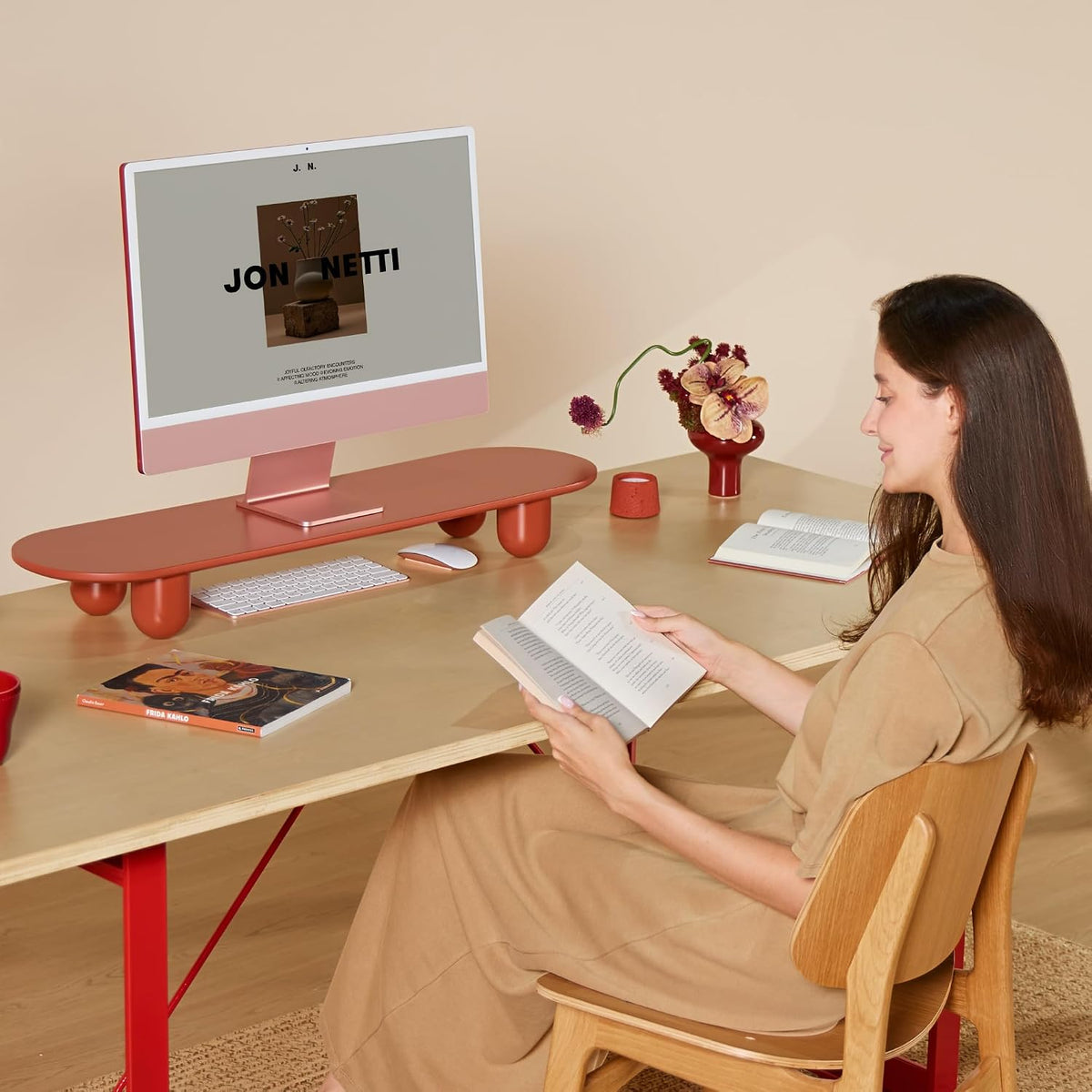 Fenge Computer Monitor Stand with Solid Beech Wood Legs, 34 Inch