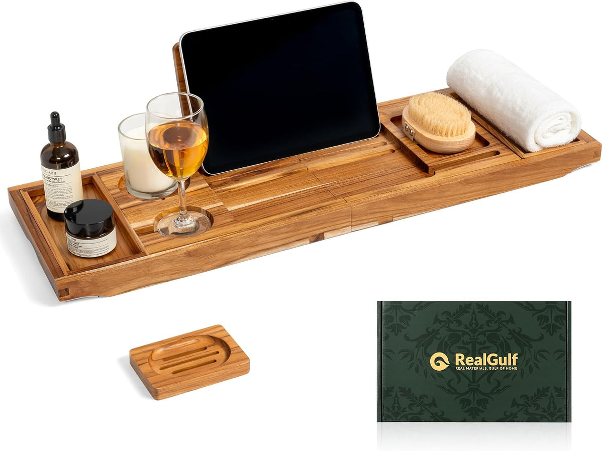 Teak Bathtub Tray Caddy, Natural Unfinished Wood Bath Organizer