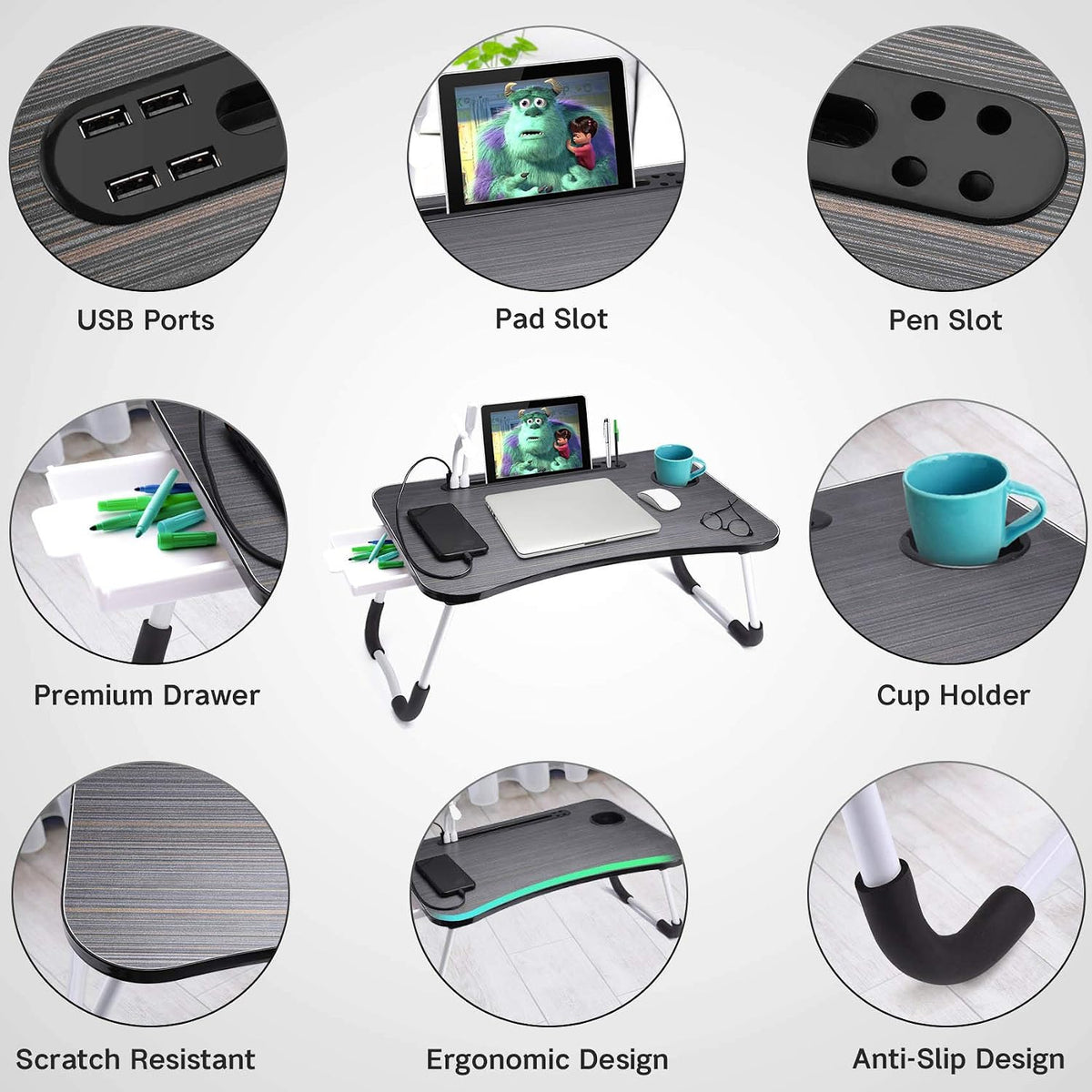 Slendor Bed Desk for Laptop and Writing with Storage, Cup Holder, Light