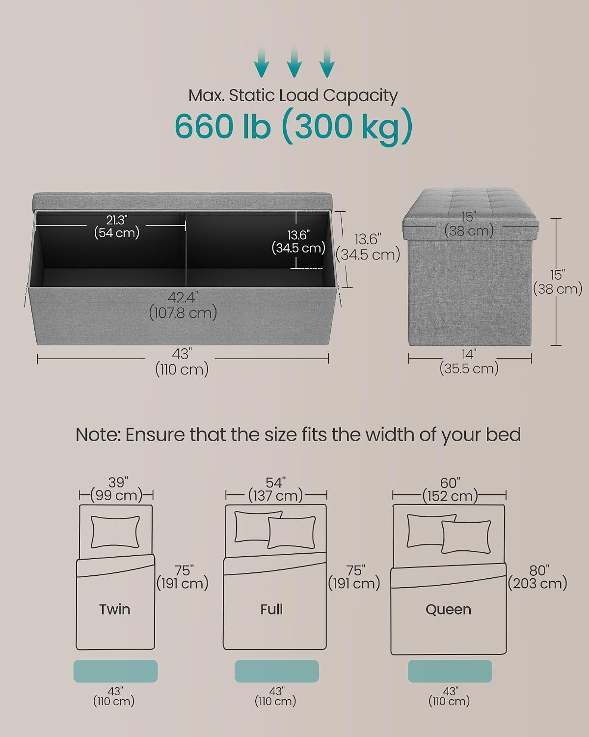 SONGMICS 43.3 Inches Folding Storage Ottoman Bench, Load 660 lb