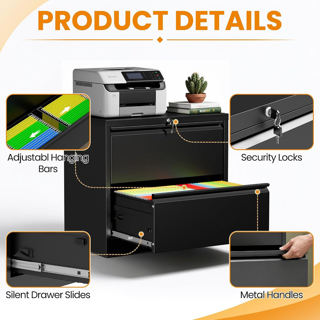 2 Drawer Lateral File Cabinet with Lock, Metal File Cabinets for Home Office, Office Furniture for Organization Hanging Legal/Letter/A4, Metal Filing Cabinet Storage Cabinet, Require Assembly, Black