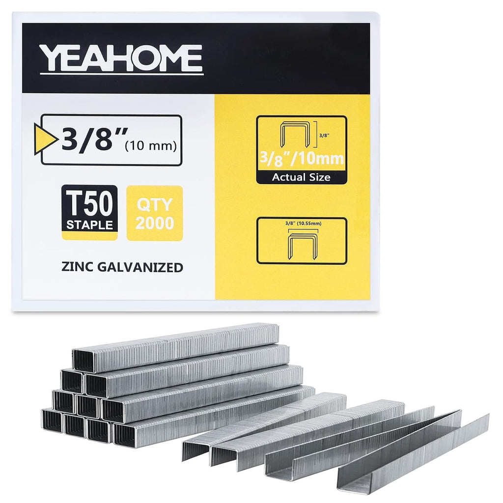 Heavy Duty Staples, 2000 Counts 3/8 inch T50 Staples, 20 Gauge Galvanized 3/8 Inch Crown Upholstery Staple for Pneumatic, Electric T50 Staple Gun